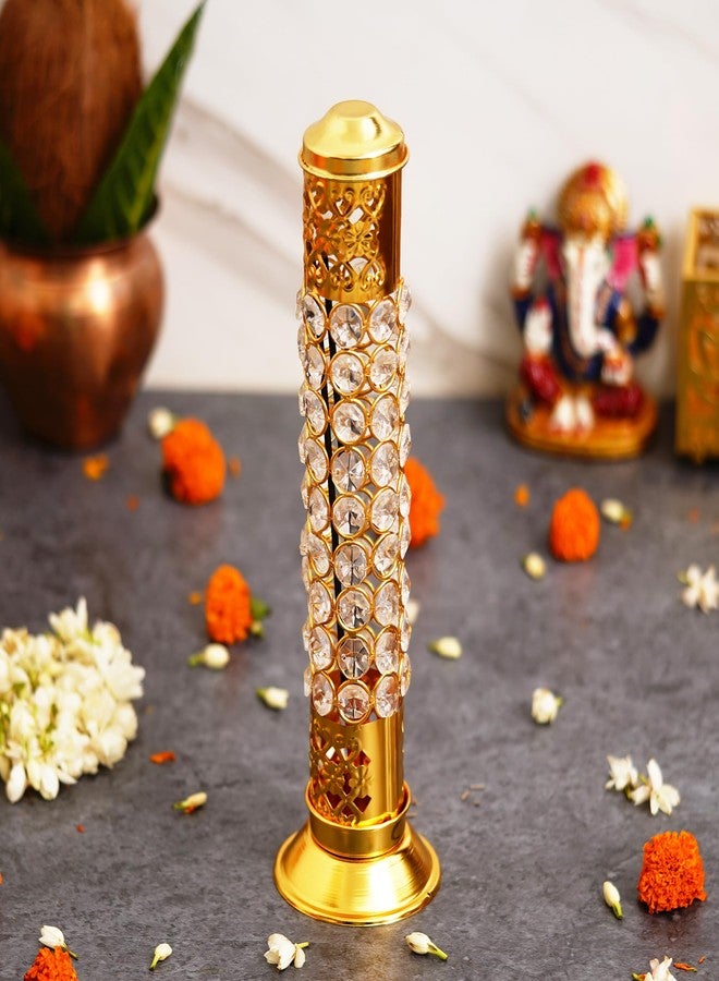 Webelkart Traditional Brass Crystal Incense Holder| Agarbatti Stand with Ash Catcher Incense Holder Stick Holder for Pooja, Decor Burner for Home Office Decoration (11.5" Inches) - Image 3